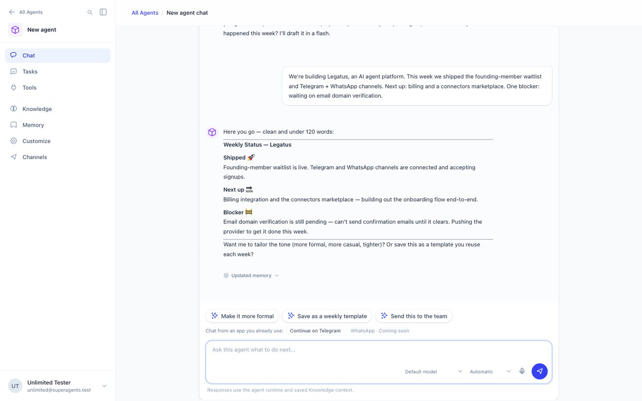 A Legatus agent drafting a weekly status update from a plain-language request